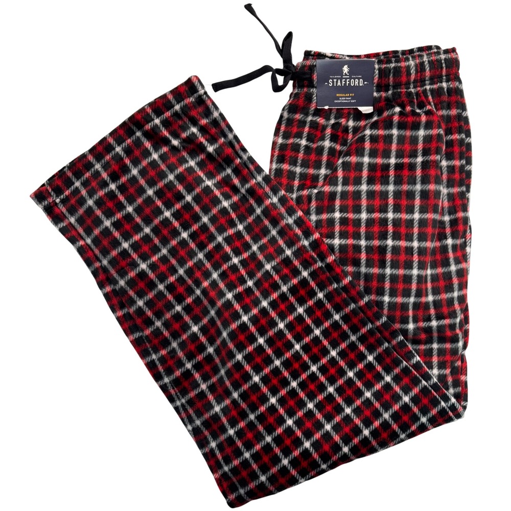 Stafford Mens Plaid Fleece Sleep Lounge Pants Red Pajama Bottoms Large
